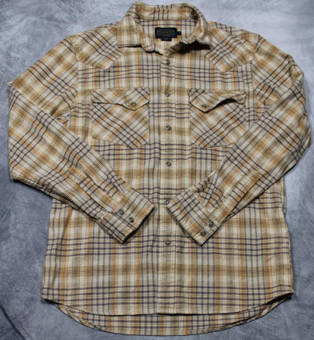 Pendleton Western Pearl Snap Plaid Shirt Men's Small Tan Flannel Long Sleeve